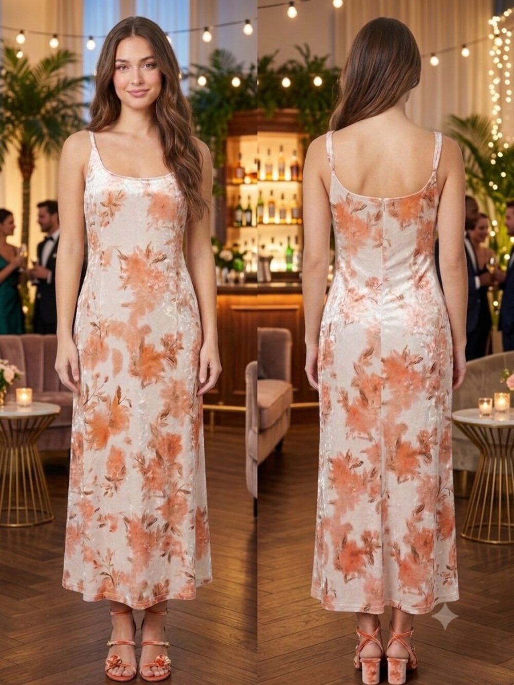 ⁠Vintage Dazy Velvet Floral Slip Dress Size L Cream Gold Peach Maxi Wedding